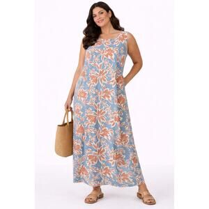 Naturals d&Co Floral Sleeveless Maxi Dress Small Blue Orange Linen Blend Summer